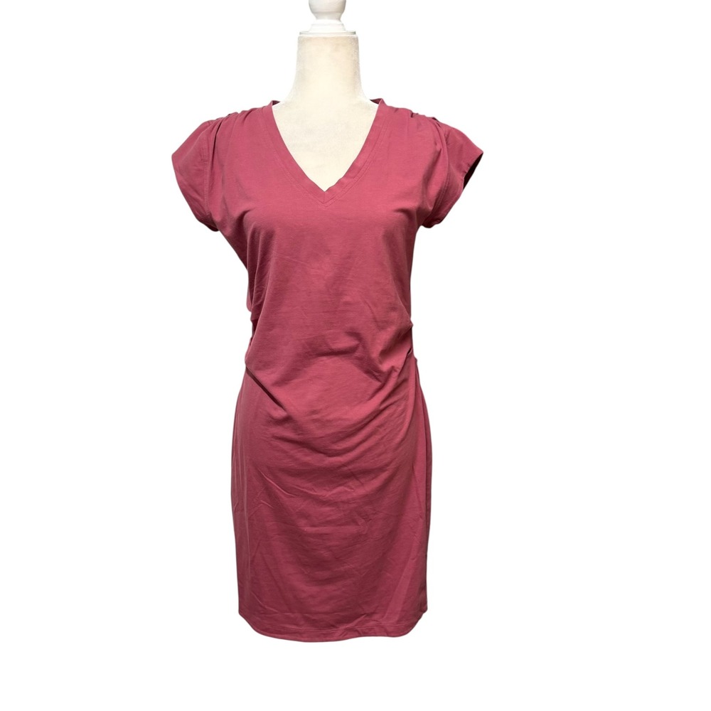 Athleta T-Shirt Dress Women M Pink V-Neck Effortless Tee Ruched Side Cap Sleeve